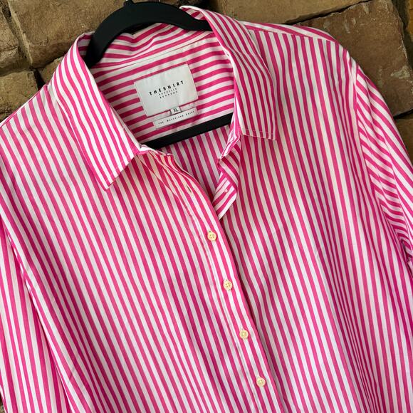 NEW THE SHIRT Rochelle Behrens THE BOYFRIEND XL Button Up Striped Pink White - Picture 9 of 12